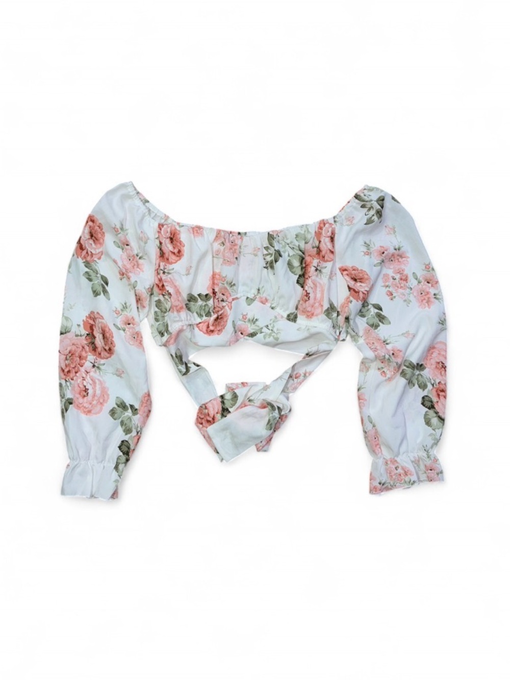 SHEIN Pink Rose Print Tie-Back Puff Sleeve Crop Top
